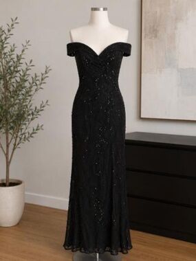Castle Couture Black Beaded Off-the-Shoulder Evening Gown size 10